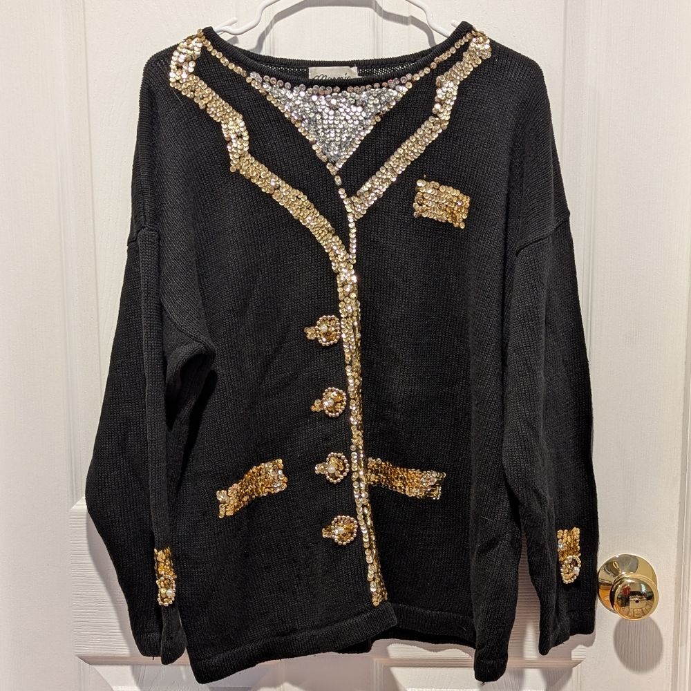 Vintage Black Gold Sequin Kitschy Gawdy Granny Sweater Marmie West Size Medium